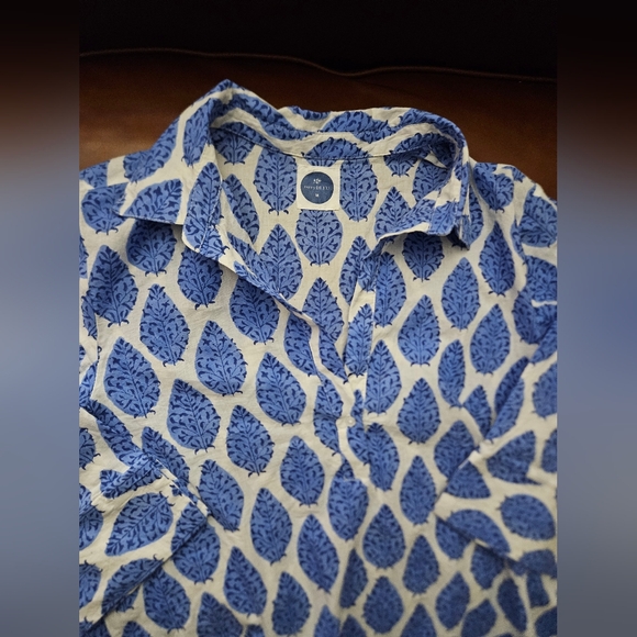 NavyBleu Blue and White Leaf Print Shirt Dress Made In India Medium - Picture 2 of 4